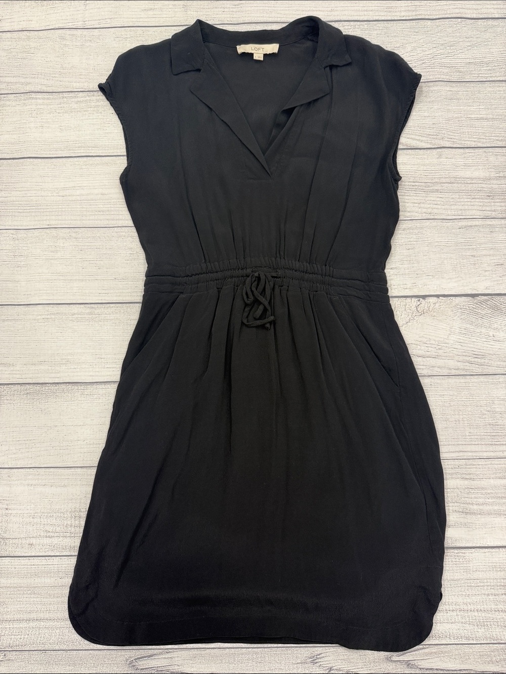 LOFT Black Drawstring Waist Shirt Dress Mini Size Small